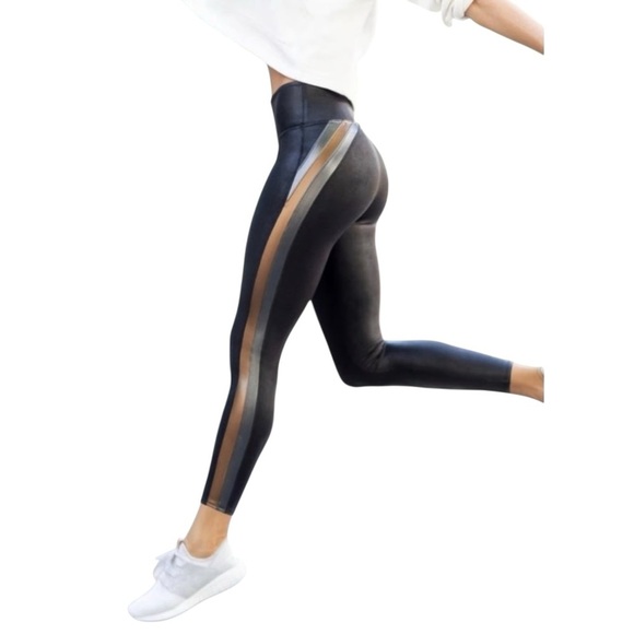 Spanx Faux Leather Stripe Black Metallic Leggings, Size L - Picture 1 of 12